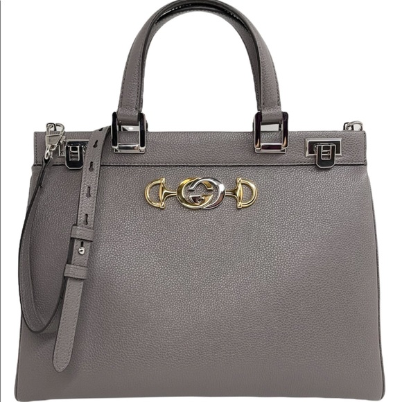 Gucci New GG Zumi Logo Horsebit Grain Leather Top Handle Purse/Grey Shoulder Bag - Picture 1 of 12